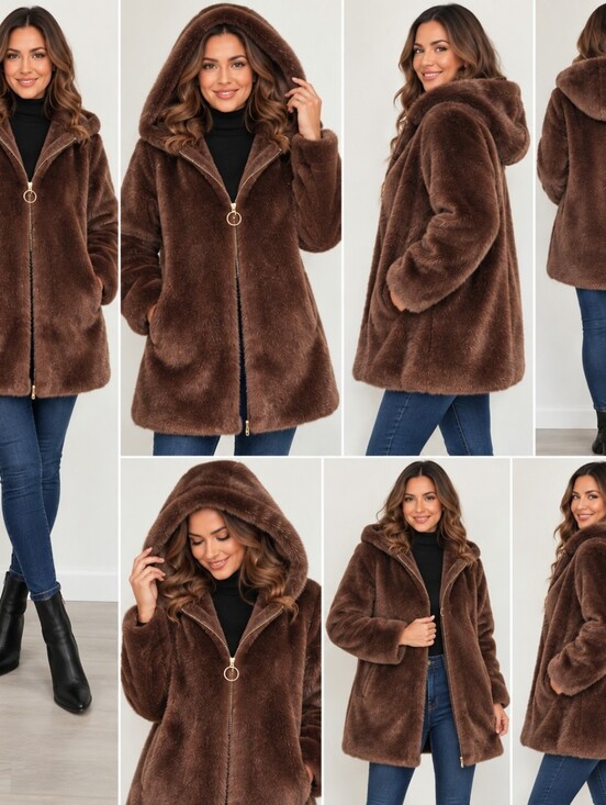 Christian Siriano Jackets & Blazers - Christian Siriano Faux Fur Coat Womens S Brown Hooded Zip Long Jacket NWT Stunni